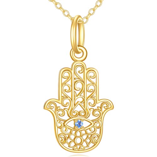 14K Gold Cubic Zirconia Lotus & Hamsa Hand Pendant Necklace