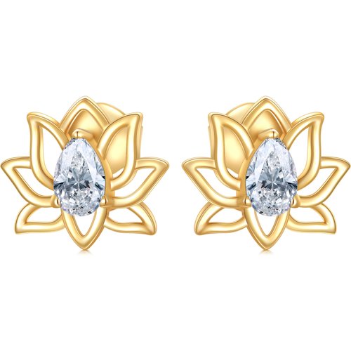 14K Gold Cubic Zirconia Lotus Stud Earrings