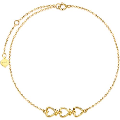 14K Gold Heart With Heart Single Layer Charm Anklet