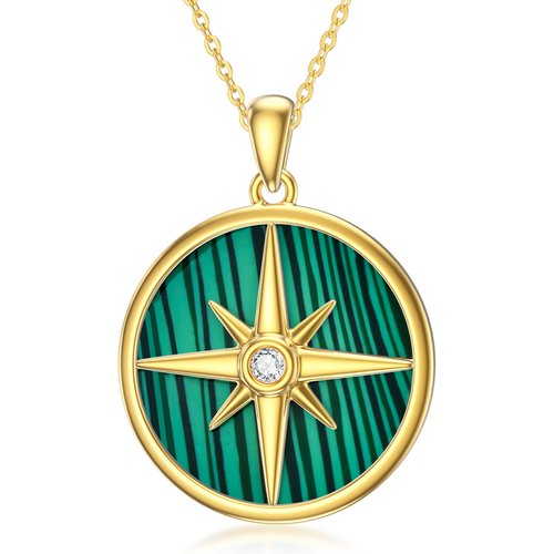 14K Gold Cubic Zirconia Malachite Compass Necklace for Women