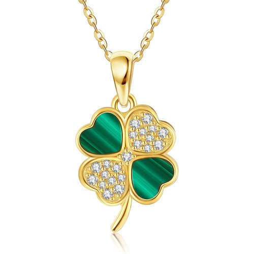 14K Gold Cubic Zirconia & Malachite Four Leaf Clover Pendant Necklace