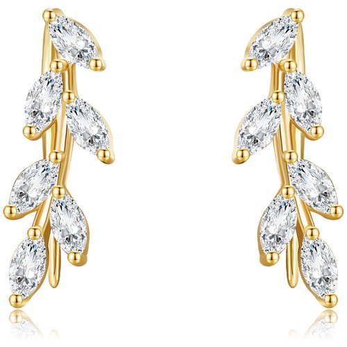 14K Gold Marquise Shaped Cubic Zirconia Leaves Climber Earrings