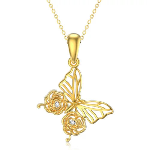 14K Gold Moissanite Butterfly & Rose Pendant Necklace