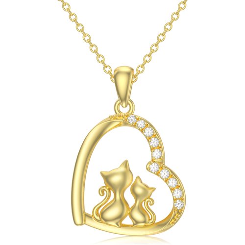 14K Gold Moissanite Cat & Heart Pendant Necklace