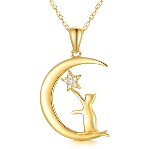 14K Gold Moissanite Cat & Moon Pendant Necklace