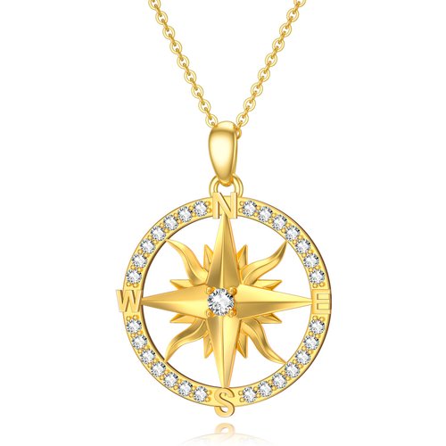 14K Gold Moissanite Compass Pendant Necklace