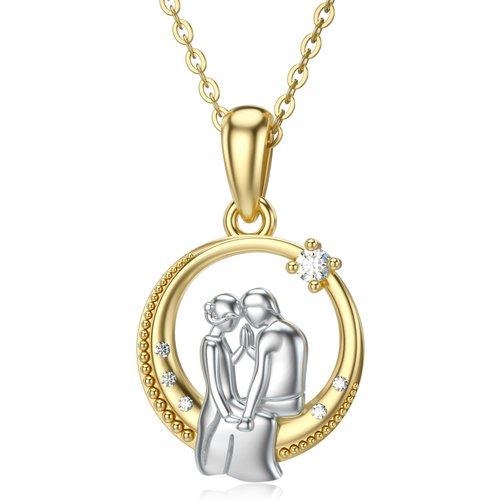 14K Gold Moissanite Couple & Moon Pendant Necklace