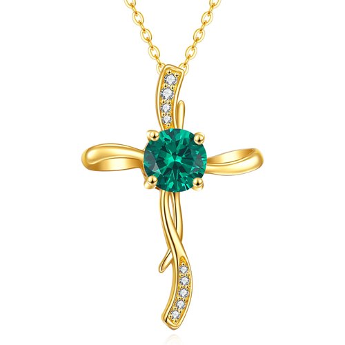 14K Gold Moissanite Created Emerald Cross Pendant Necklace