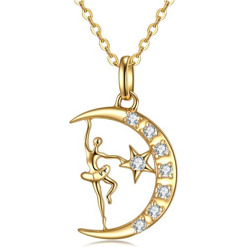 14K Gold Moissanite Dancing Girl Moon & Star Pendant Necklace For Ballet Lovers