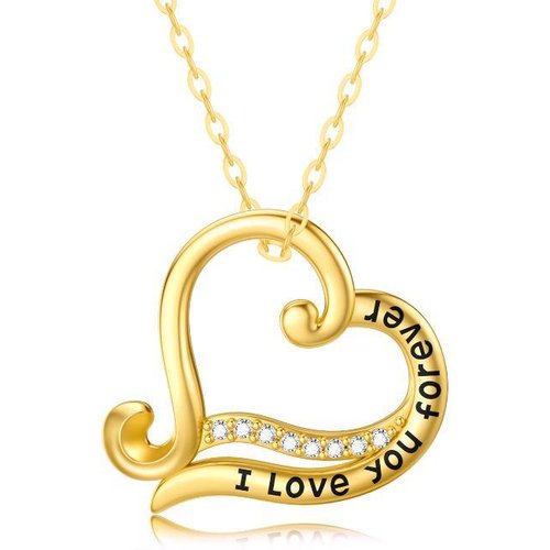 14K Gold Moissanite Heart Pendant Necklace with Engraved Word