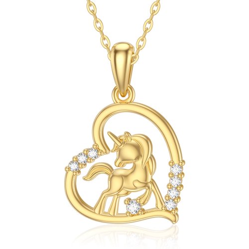 14K Gold Moissanite Heart & Unicorn Pendant Necklace