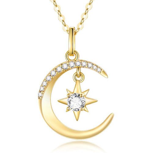 14K Gold Moissanite Moon & Pentagram Pendant Necklace