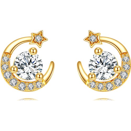 14K Gold Moissanite Moon & Star Stud Earrings