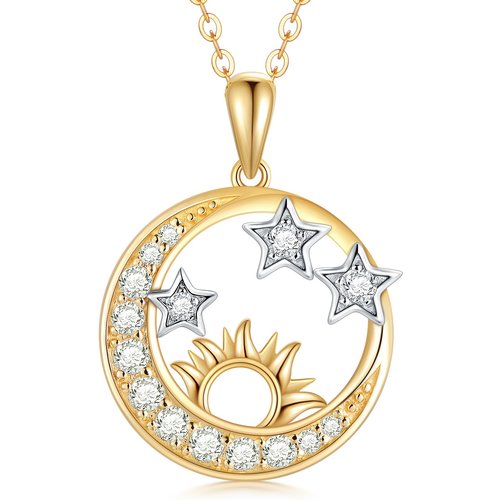 14K Gold Moissanite Moon & Sun With Star Pendant Necklace For Women