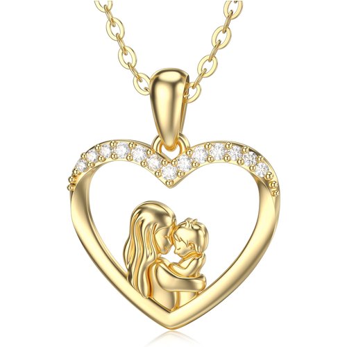 14K Gold Moissanite Mother Holds Son Heart Pendant Necklace