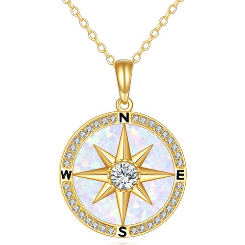 14K Gold Cubic Zirconia & Moissanite & Opal Compass Pendant Necklace