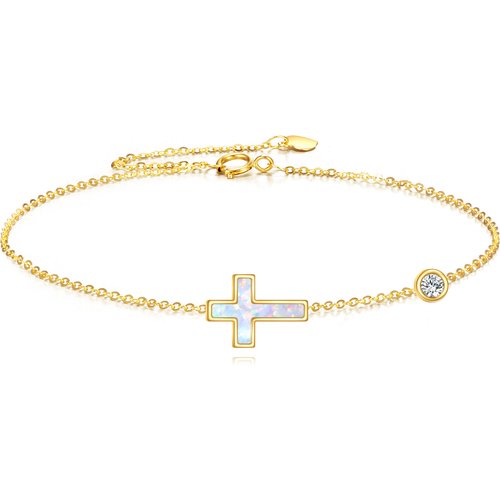 14K Gold Moissanite & Opal Cross & Round Charm Bracelet