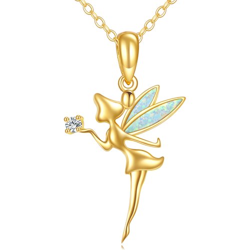 14K Gold Moissanite & Opal Fairy Pendant Necklace