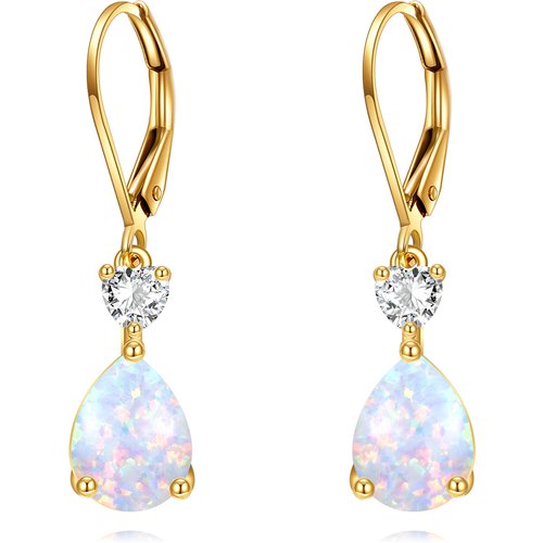14K Gold Opal Heart Personalized Birthstone Drop Lever-back Earrings