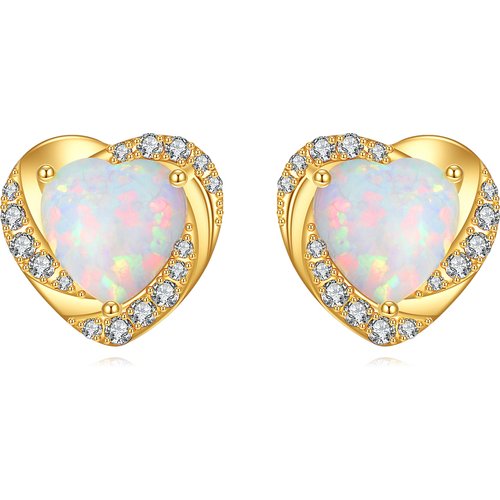 14K Gold Moissanite & Opal Heart Stud Earrings