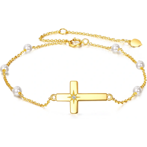 14K Gold Moissanite & Pearl Cross Charm Bracelet