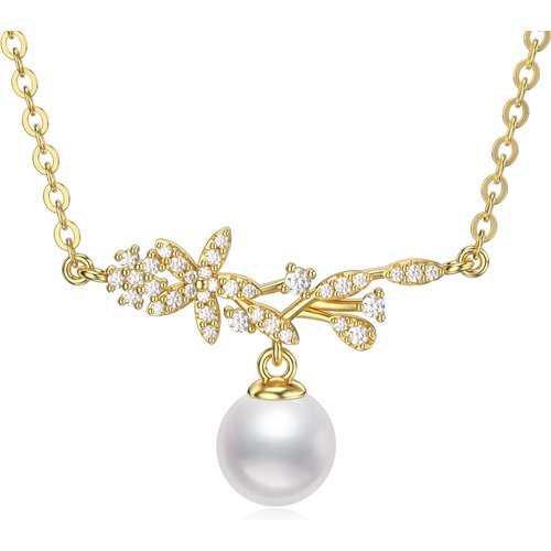 10K Gold Moissanite & Pearl Leaves Pendant Necklace