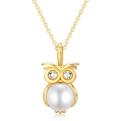 14K Gold Moissanite & Pearl Owl Pendant Necklace