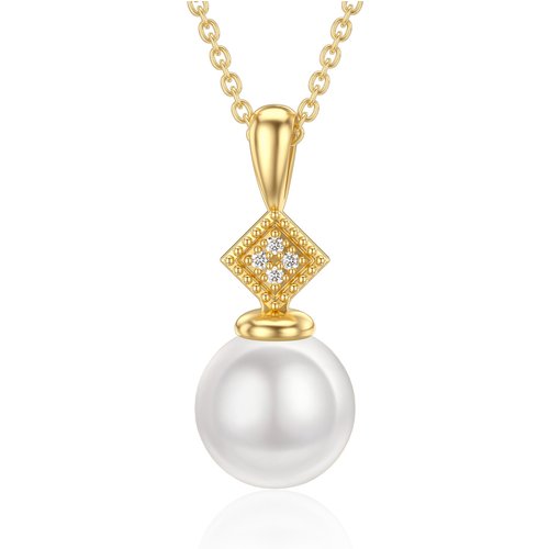 14K Gold Moissanite & Pearl Round Pendant Necklace