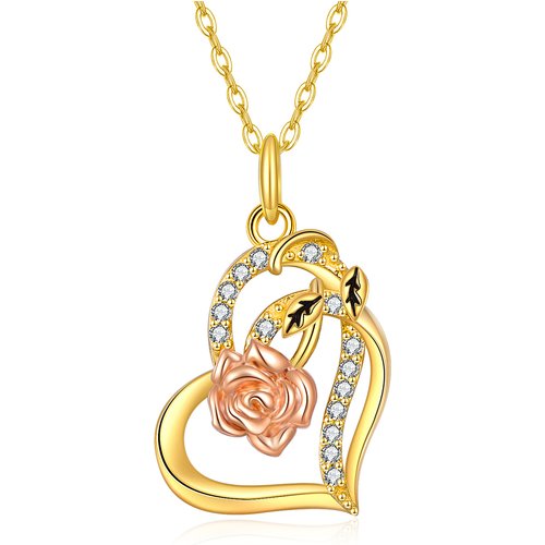 14K Gold Two-Stone Heart Moissanite Rose Pendant Necklace For Women Best Friends