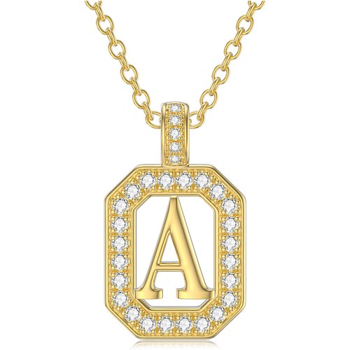 14K Gold Moissanite Square Pendant Necklace with Initial Letter A