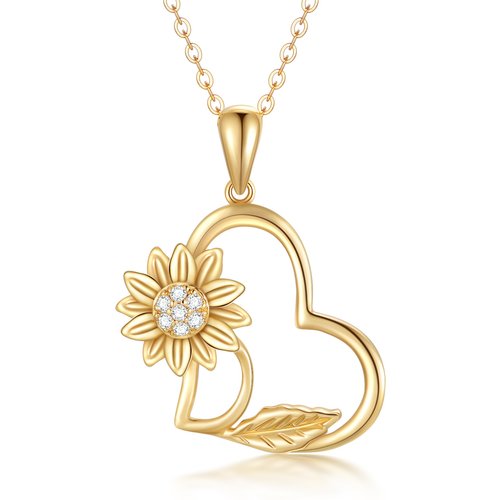 14K Gold Moissanite Sunflower & Heart Pendant Necklace