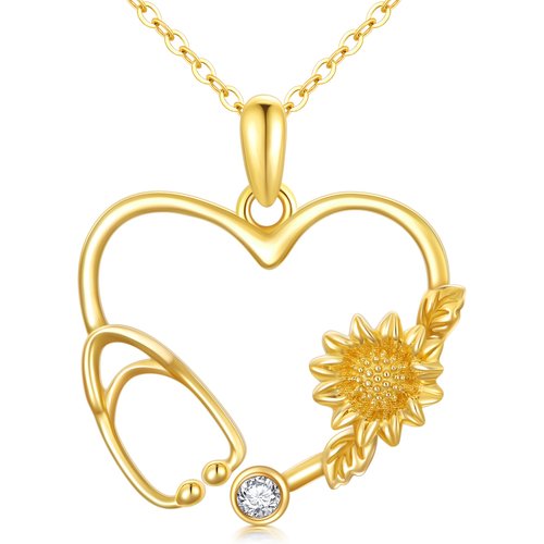 14K Gold Moissanite Sunflower & Heart & Stethoscope Pendant Necklace