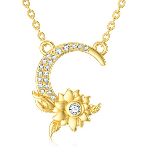 14K Gold Moissanite Sunflower & Moon Pendant Necklace