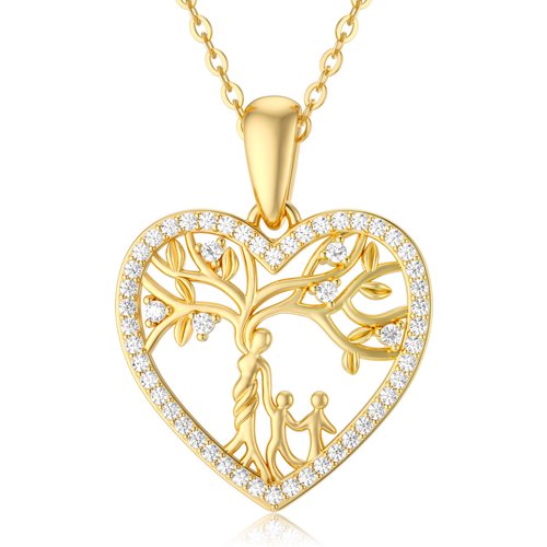 14K Gold Moissanite Tree Of Life & Mother Heart Pendant Necklace