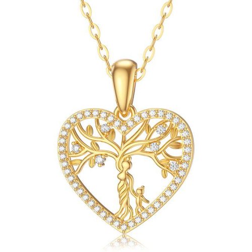 14K Gold Moissanite Tree Of Life & Mother Pendant Necklace