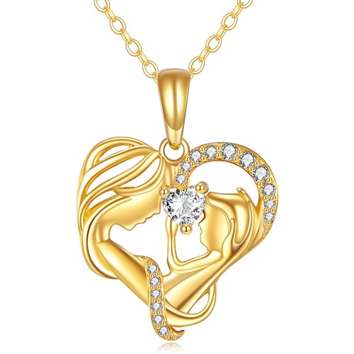 14K Gold Heart Cubic Zirconia Mom & Bbay Pendant Necklace For New Mom