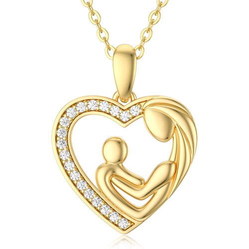 14K Gold Cubic Zirconia Mom Holds Baby Heart Pendant Necklace