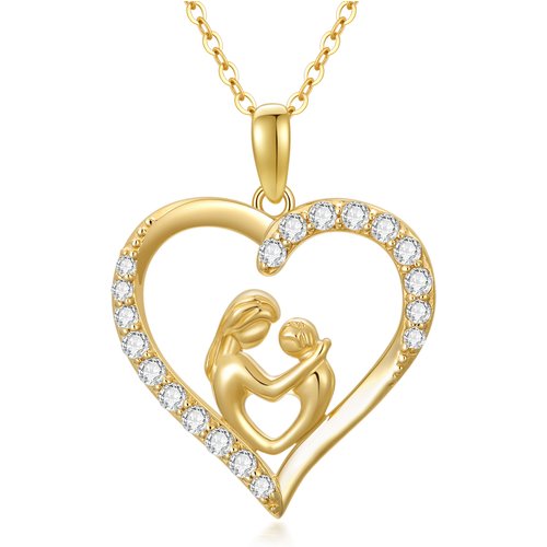 14K Gold Cubic Zirconia Mom Hug Kids Heart Pendant Necklace