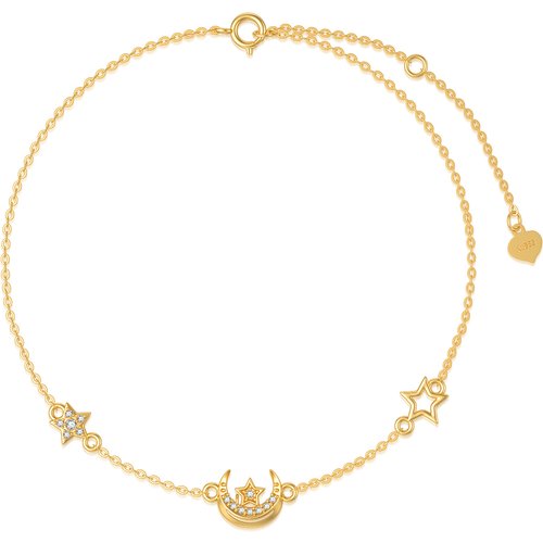14K Gold Cubic Zirconia Moon & Pentagram Charm Bracelet