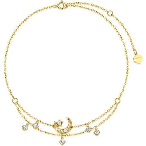 14K Gold Cubic Zirconia Moon & Star Multi-layered Anklet