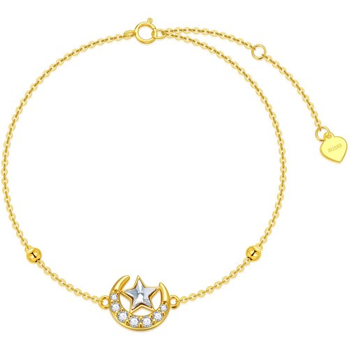 14K Gold Cubic Zirconia Moon & Star Charm Bracelet
