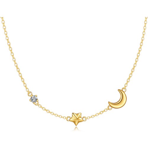 14K Gold Cubic Zirconia Moon & Star Pendant Necklace
