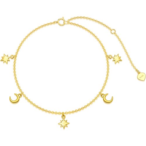 14K Gold Moon & Star Single Layer Charm Anklet