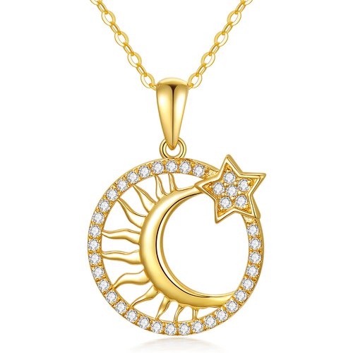 14K Gold Cubic Zirconia Moon & Sun Pendant Necklace