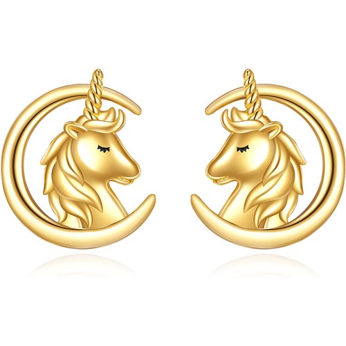 14K Gold Moon & Unicorn Stud Earrings