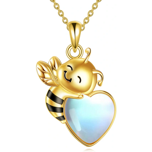 14K Gold Moonstone Bee & Heart Necklace for Women