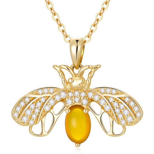 14K Gold Cubic Zirconia & Moonstone Bee Pendant Necklace