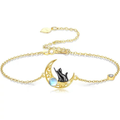 14K Gold Moonstone Cat & Moon Charm Bracelet
