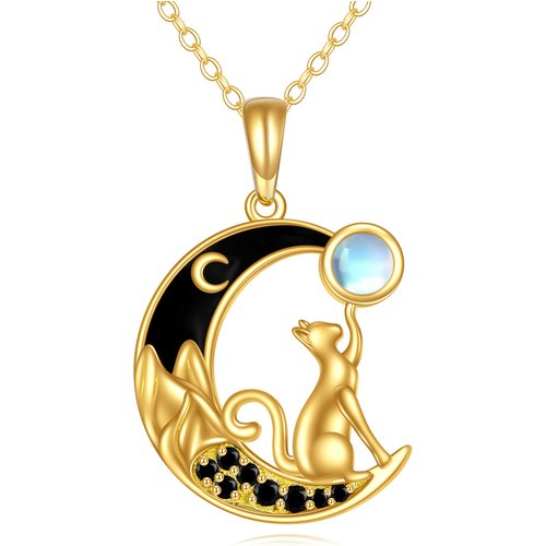14K Gold Cubic Zirconia & Moonstone Cat & Moon Pendant Necklace
