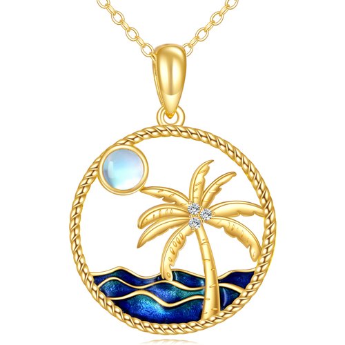 14K Gold Moonstone Coconut Tree & Moon & Spray Pendant Necklace